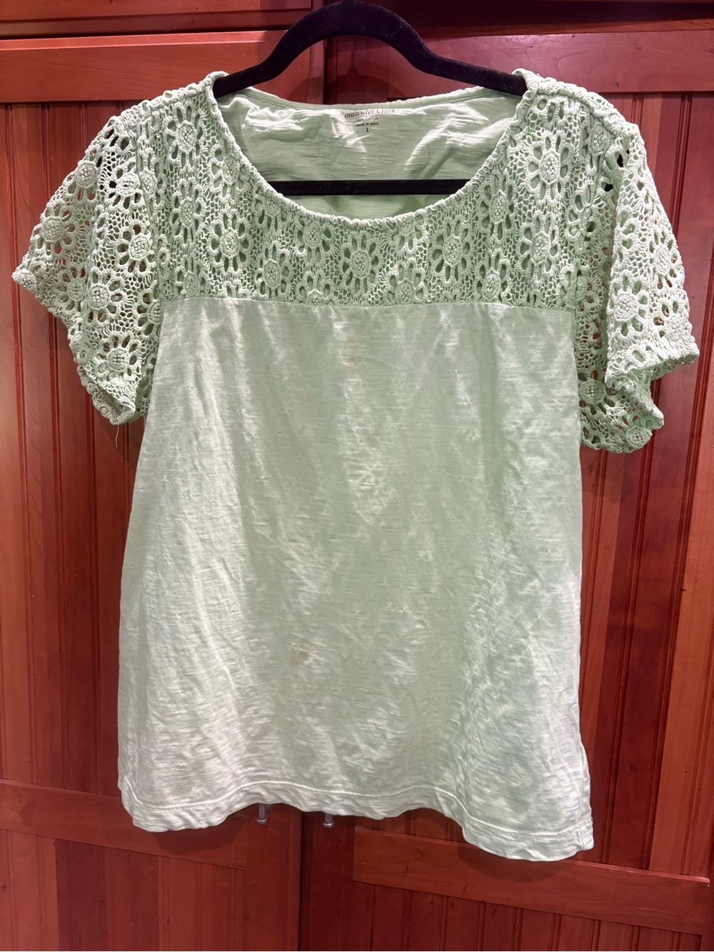 Coldwater Creek Mint Green Crochet Yoke Short Sleeve Top